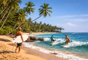 Surfers riding waves off a palm-lined beach