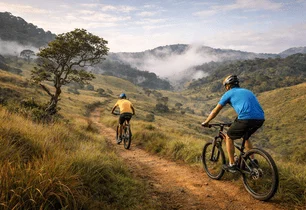 Two cyclists on a misty hill trail