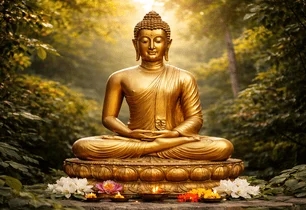A golden seated Buddha statue in a forest clearing