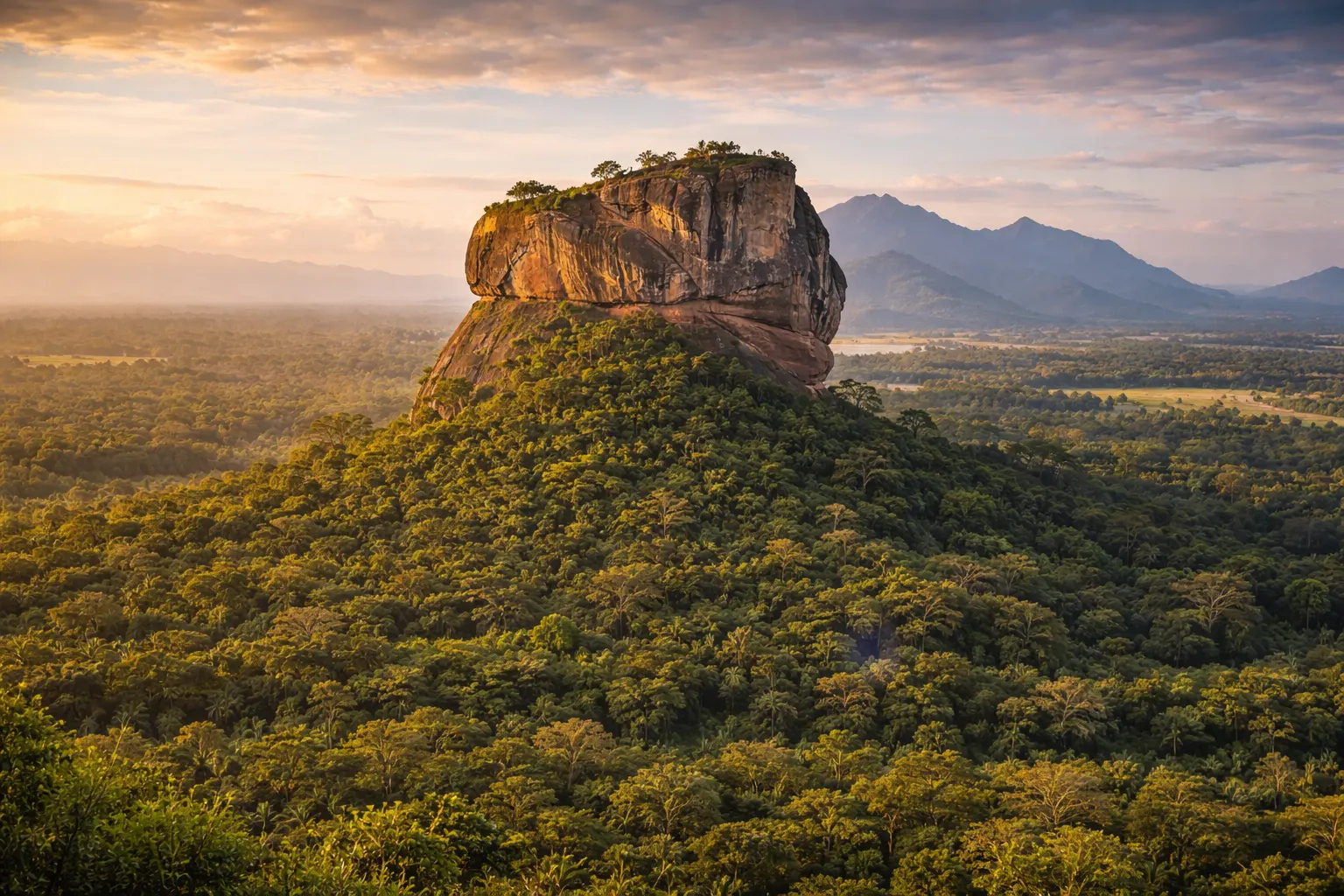 Sigiriya rock fortress at sunrise above the forest