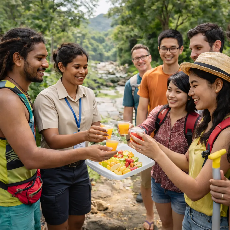 Staff serving fresh fruit and drinks to a tour group
