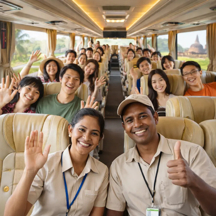 Smiling guests and staff inside a luxury coach