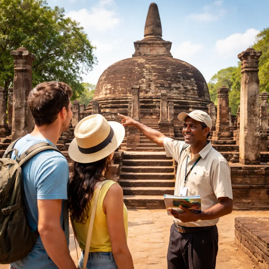 A guide explaining an ancient stupa to two travellers